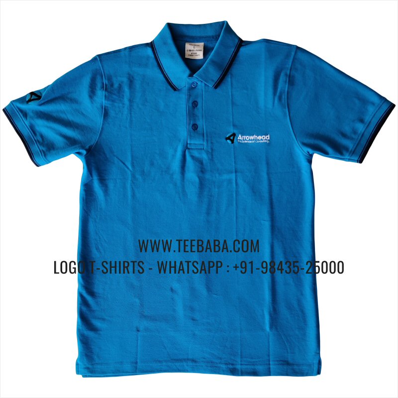 Tipping Collar Polo T-Shirt - 100% Cotton - 240 GSM Thick Pique Airtex Fabric - Logo Embroidery - Turquoise Blue - Arrow Head