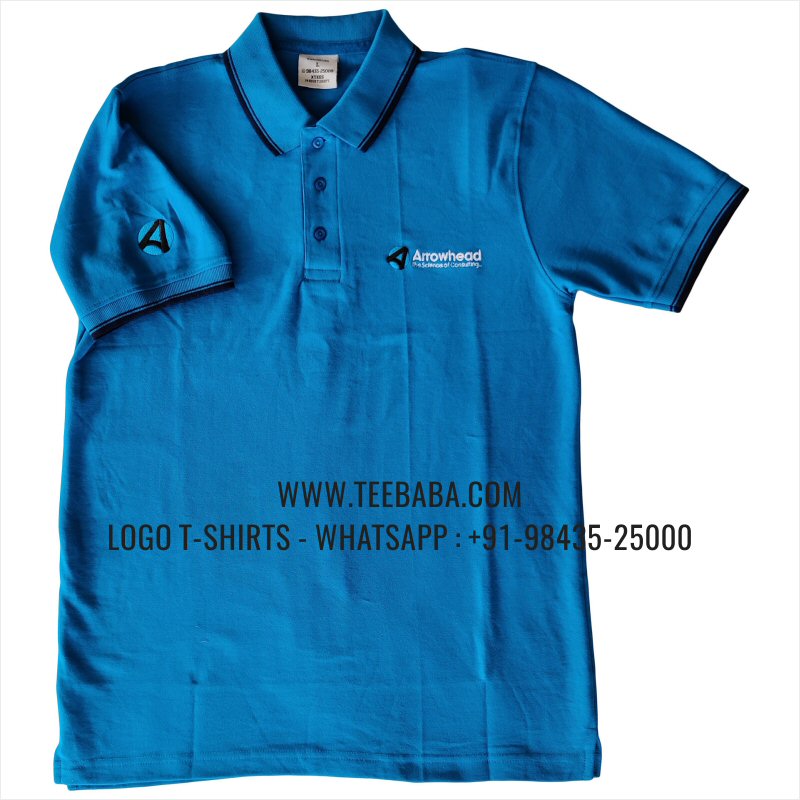 Tipping Collar Polo T-Shirt - 100% Cotton - 240 GSM Thick Pique Airtex Fabric - Logo Embroidery - Turquoise Blue - Arrow Head