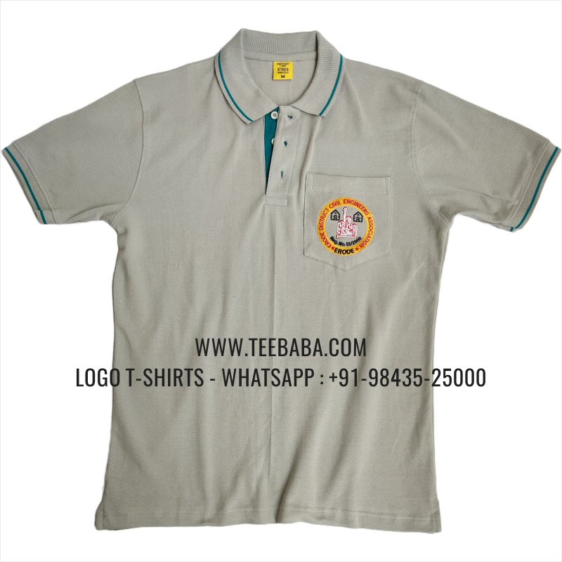 Tipping Collar Polo T-Shirt - Pocket - 100% Cotton - 240 GSM Thick Pique Airtex Fabric - Logo Embroidery - Light Grey - Erode Civil Engineers Association