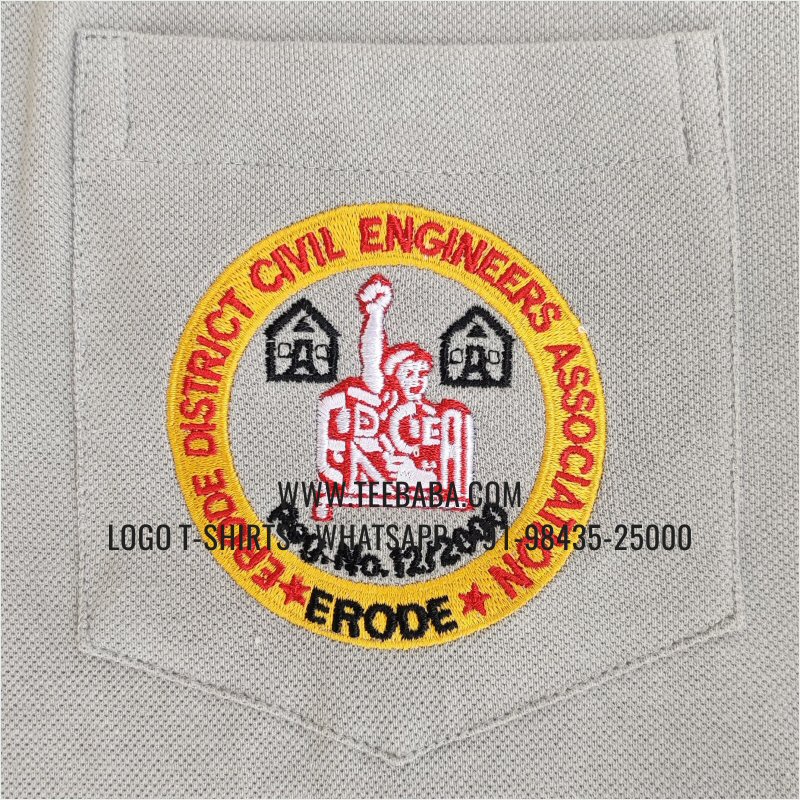 Tipping Collar Polo T-Shirt - Pocket - 100% Cotton - 240 GSM Thick Pique Airtex Fabric - Logo Embroidery - Light Grey - Erode Civil Engineers Association