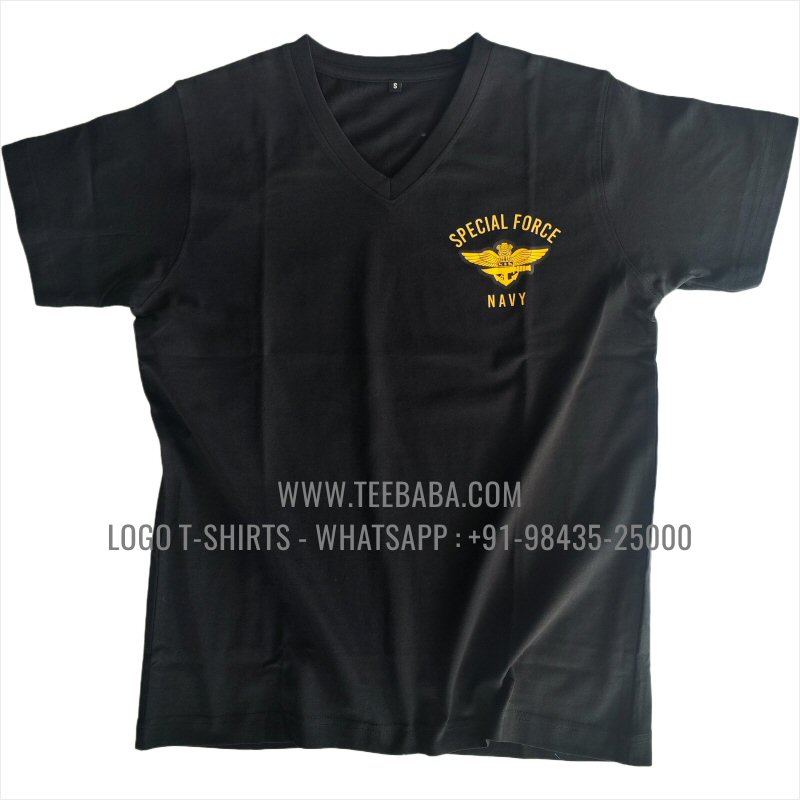V Neck T-Shirt - 100% Cotton - 180 GSM Bio Washed Fine Single Jersey Fabric - Logo Digital Print - Black - Indian Navy