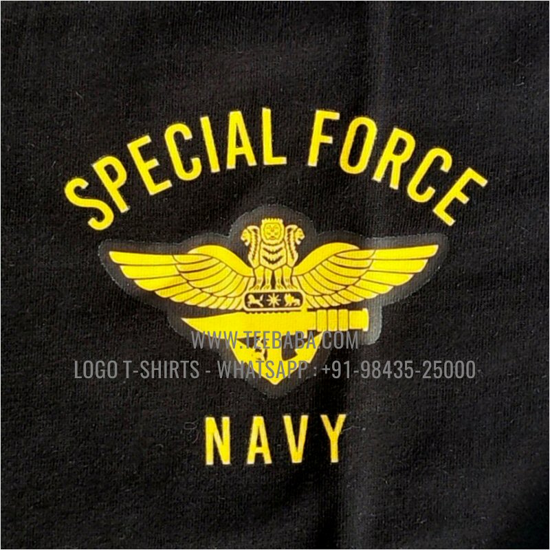 V Neck T-Shirt - 100% Cotton - 180 GSM Bio Washed Fine Single Jersey Fabric - Logo Digital Print - Black - Indian Navy