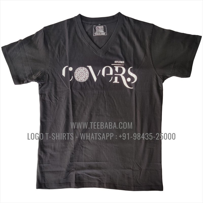 V Neck T-Shirt - 100% Cotton - 180 GSM Bio Washed Fine Single Jersey Fabric - Logo Digital Print - Black - Studio Covers