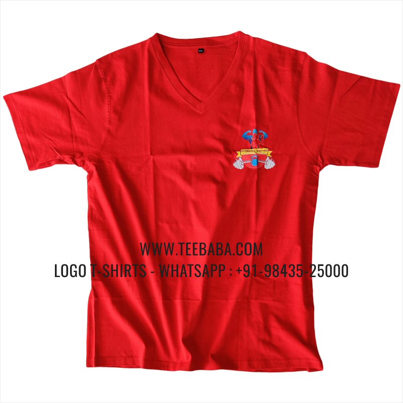 V Neck T-Shirt - 100% Cotton - 180 GSM Bio Washed Fine Single Jersey Fabric - Logo Digital Print - Red - Fitness Squed