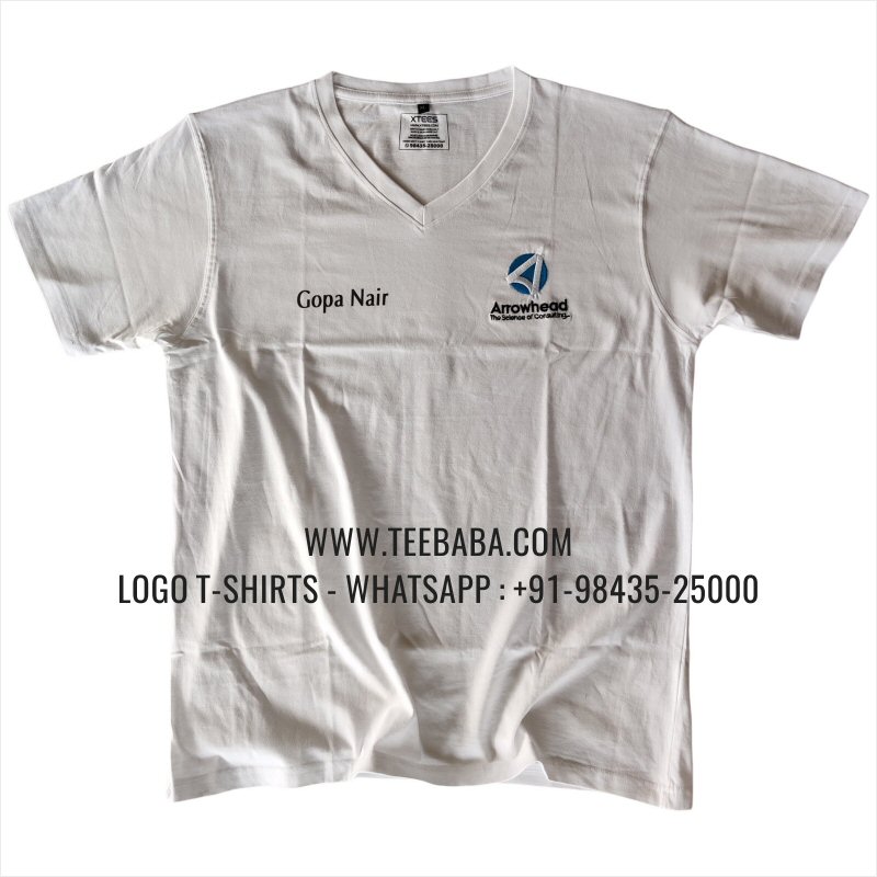 V Neck T-Shirt - 100% Cotton - 180 GSM Bio Washed Fine Single Jersey Fabric - Logo Embroidery Digital Print - White - Arrowhead
