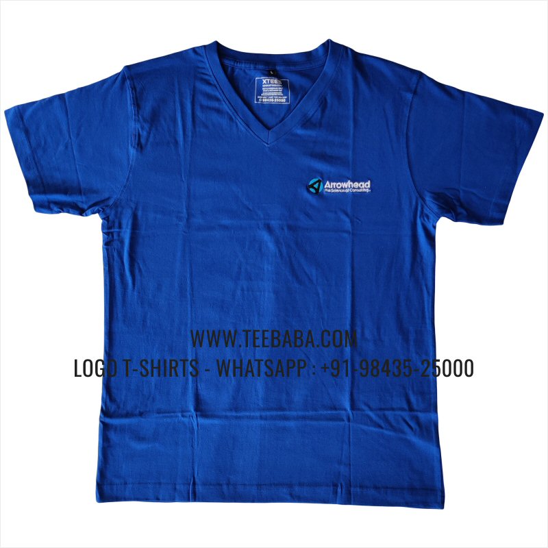 V Neck T-Shirt - 100% Cotton - 180 GSM Bio Washed Fine Single Jersey Fabric - Logo Embroidery - Royal Blue - Arrowhead